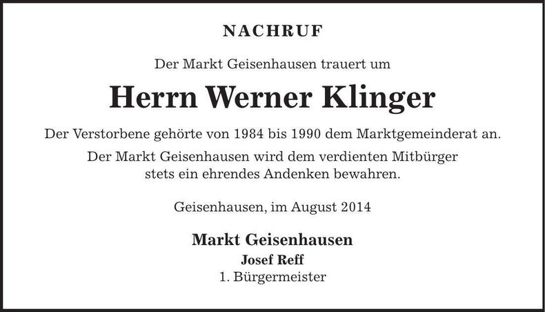 Traueranzeige Werner Klinger