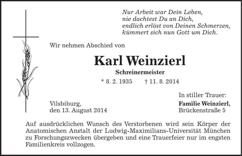 Traueranzeige Karl Weinzierl