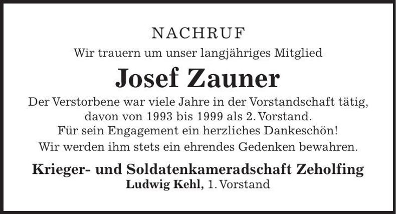 Traueranzeige Josef Zauner