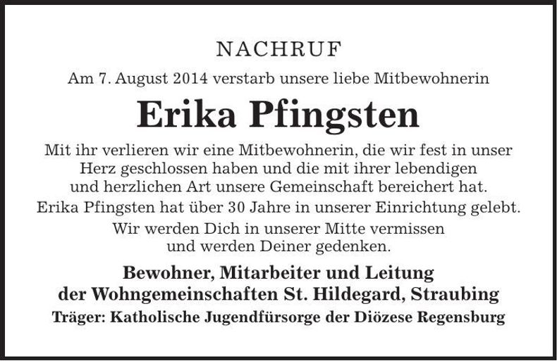 Traueranzeige Erika Pfingsten