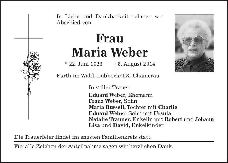 Traueranzeige Maria Weber
