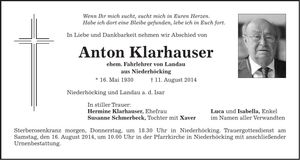 Traueranzeige Anton Klarhauser