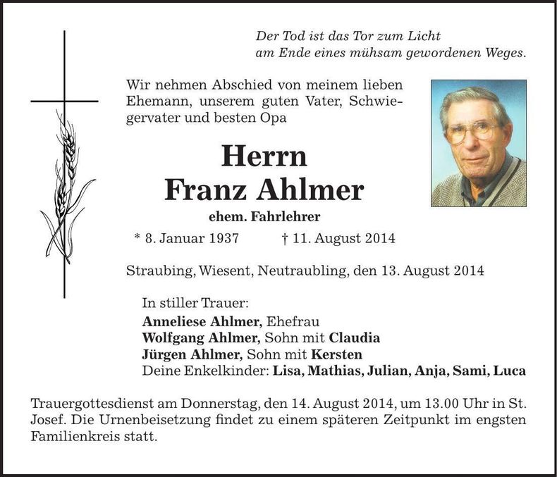 Traueranzeige Franz Ahlmer