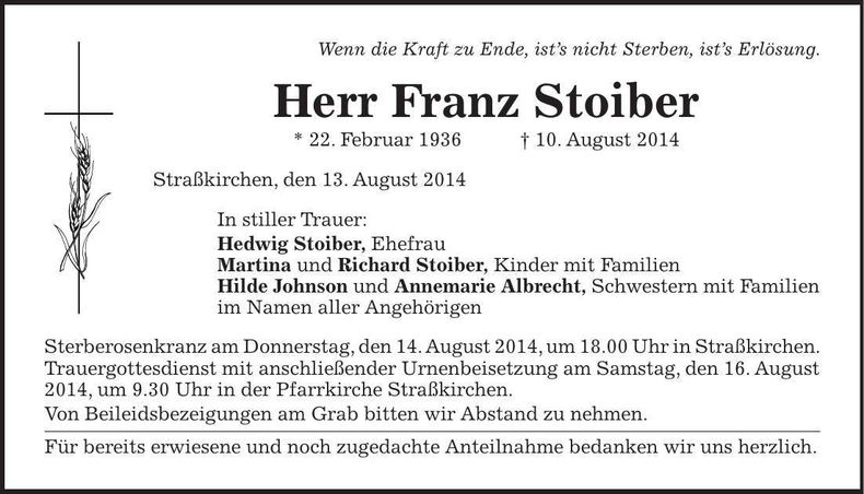 Traueranzeige Franz Stoiber
