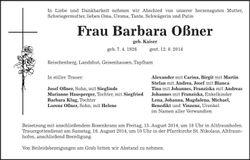 Traueranzeige Barbara Oßner