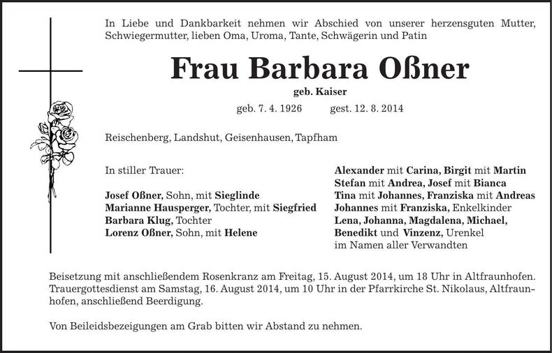 Traueranzeige Barbara Oßner