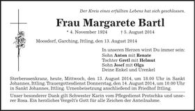 Traueranzeige Margarete Bartl