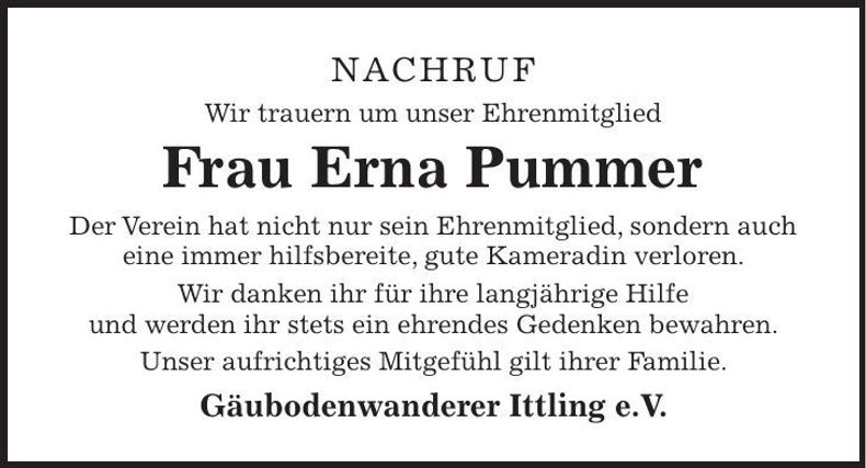 Traueranzeige Erna Pummer