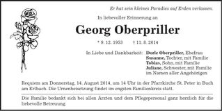 Traueranzeige Georg Oberpriller