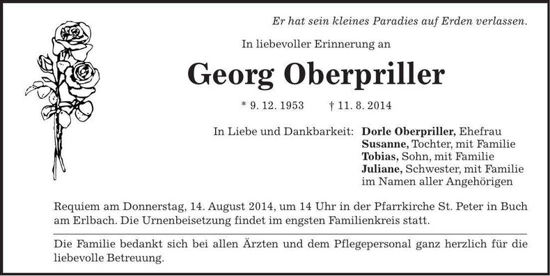 Traueranzeige Georg Oberpriller
