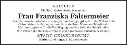 Traueranzeige Franziska Faltermeier