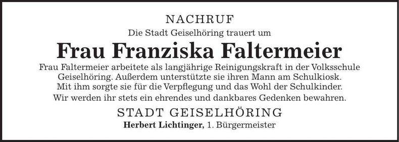 Traueranzeige Franziska Faltermeier