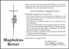 Traueranzeige Magdalena Retzer