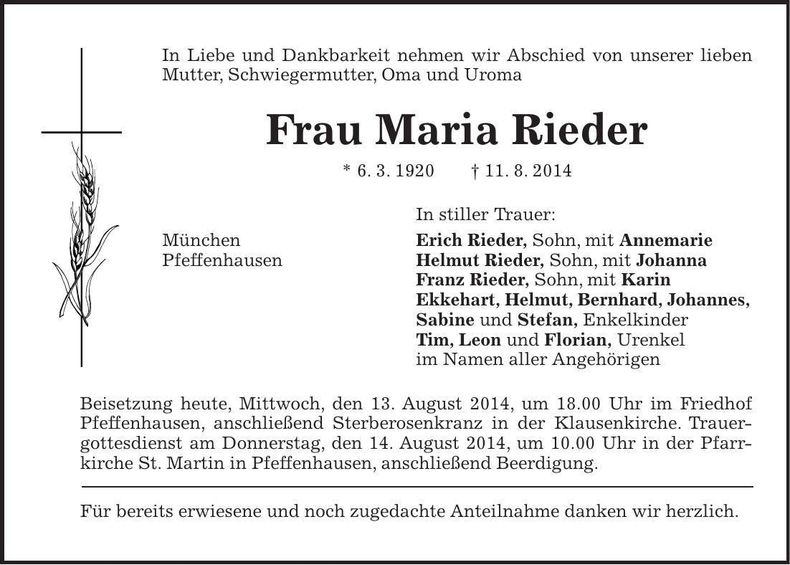 Traueranzeige Maria Rieder