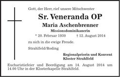 Traueranzeige Maria Aschenbrenner Sr. Veneranda