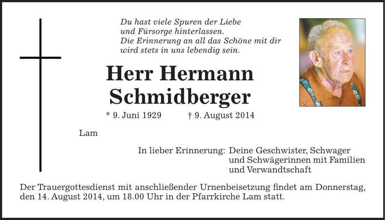 Traueranzeige Hermann Schmidberger