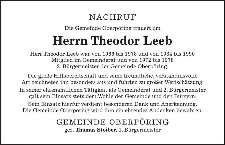 Traueranzeige Theodor Leeb