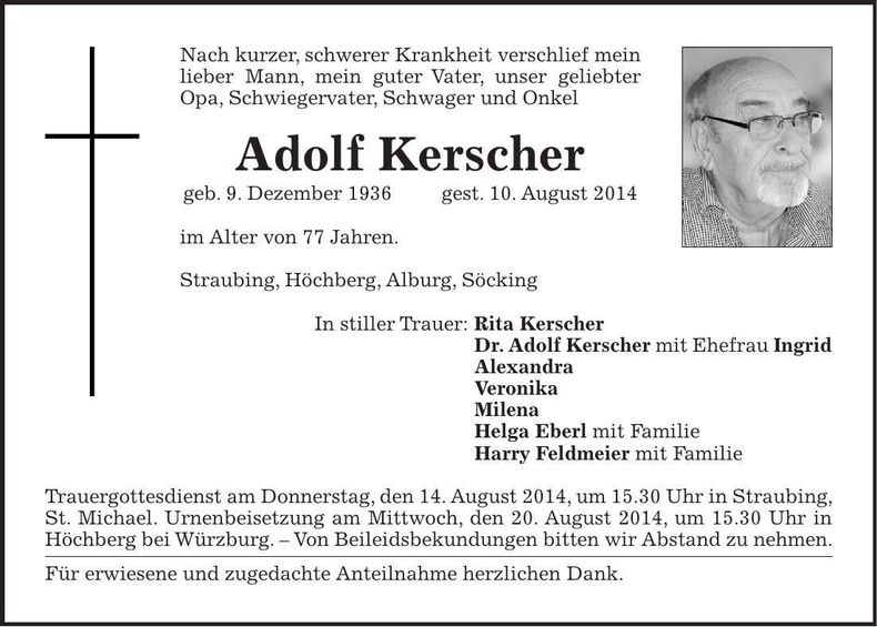 Traueranzeige Adolf Kerscher