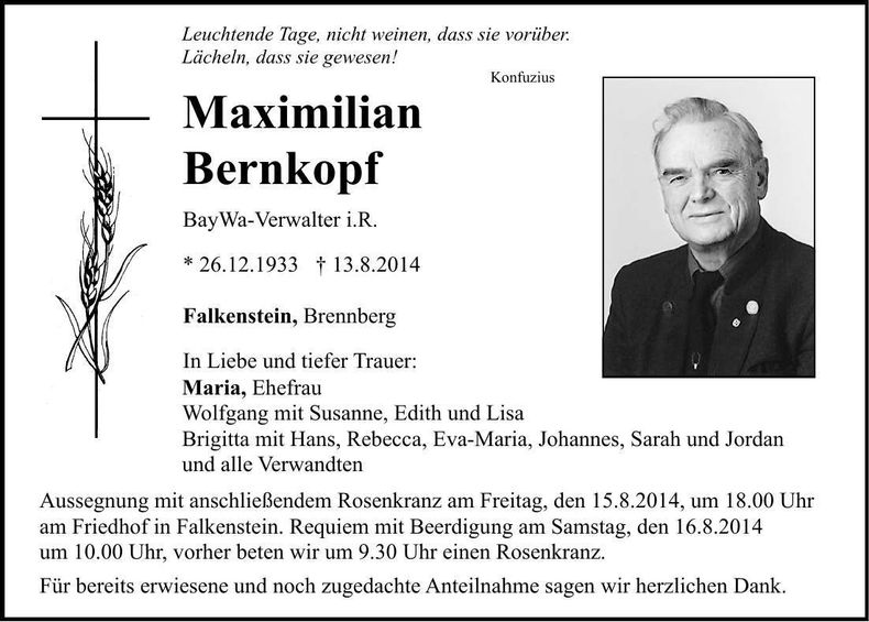 Traueranzeige Maximilian Bernkopf