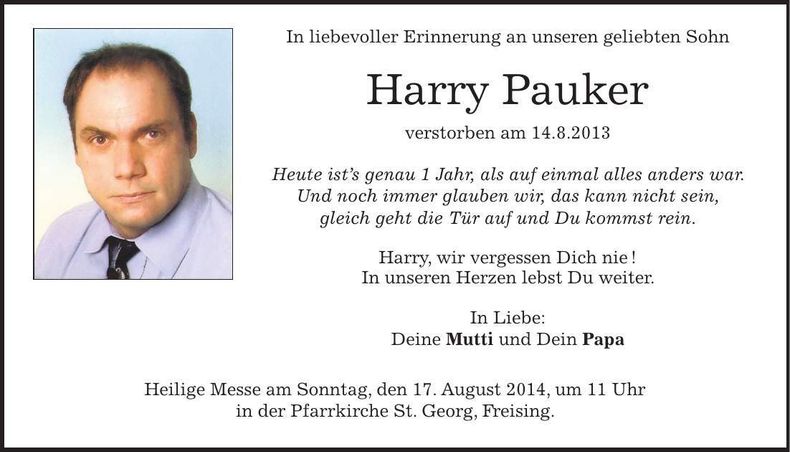 Traueranzeige Harry Pauker