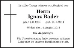 Traueranzeige Ignaz Bader