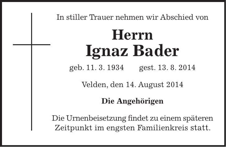Traueranzeige Ignaz Bader
