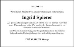 Traueranzeige Ingrid Spierer