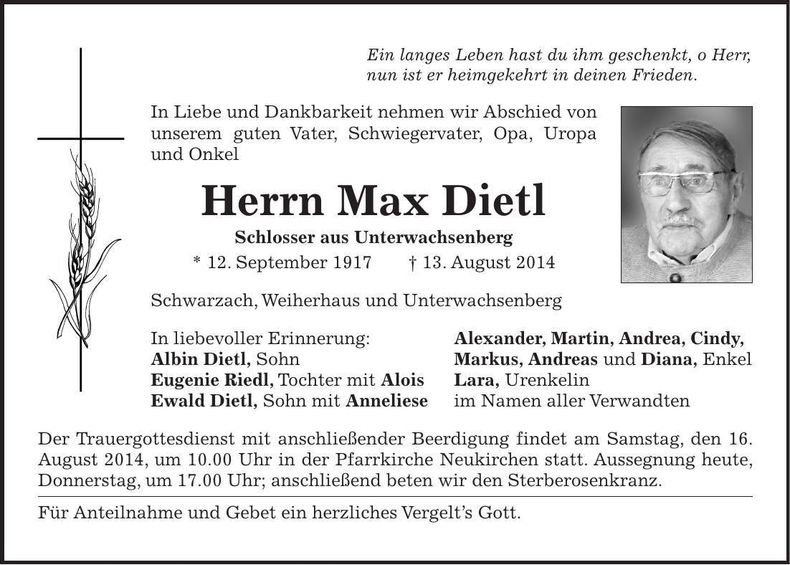 Traueranzeige Max Dietl