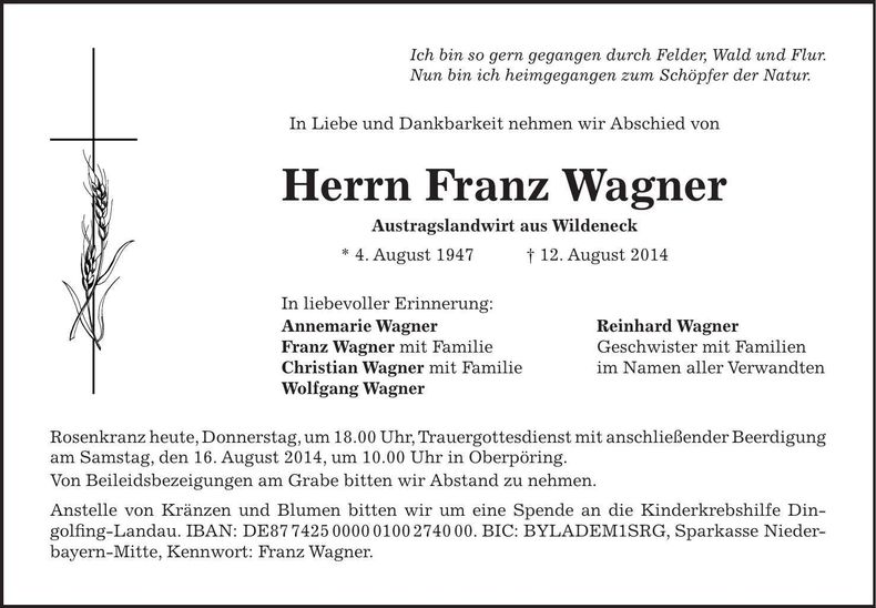 Traueranzeige Franz Wagner