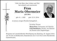 Traueranzeige Maria Obermeier
