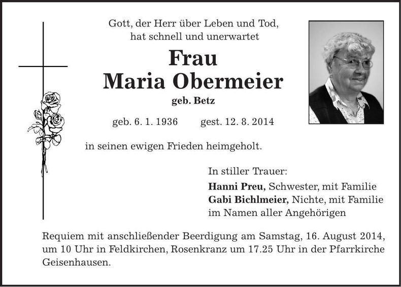 Traueranzeige Maria Obermeier