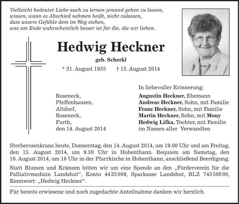 Traueranzeige Hedwig Heckner