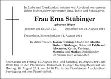 Traueranzeige Erna Stübinger