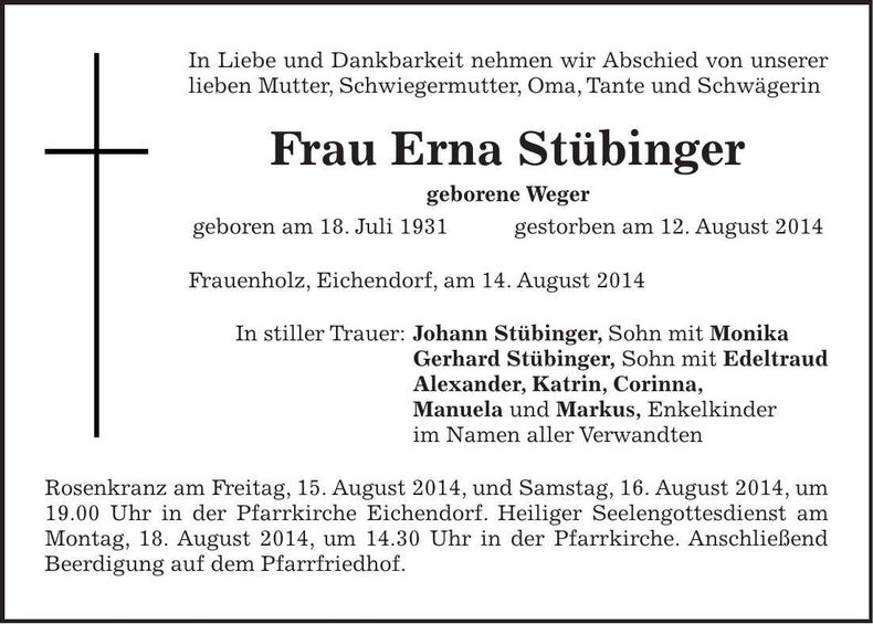 Traueranzeige Erna Stübinger