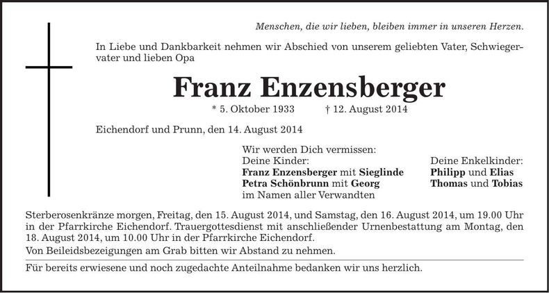 Traueranzeige Franz Enzensberger