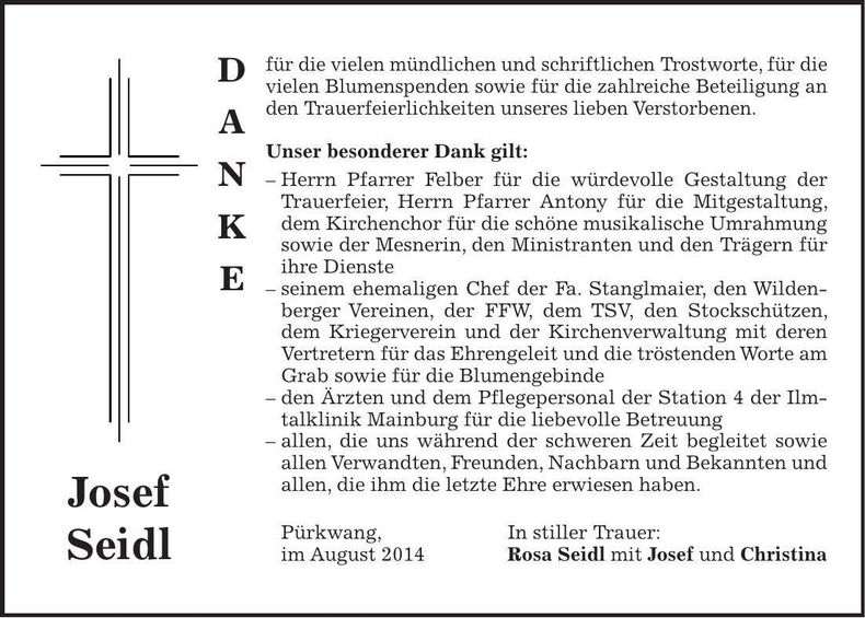 Traueranzeige Josef Seidl