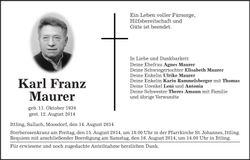 Traueranzeige Karl Franz Maurer