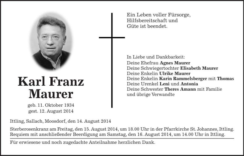 Traueranzeige Karl Franz Maurer