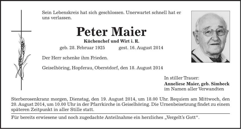 Traueranzeige Peter Maier