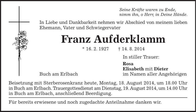 Traueranzeige Franz Aufderklamm
