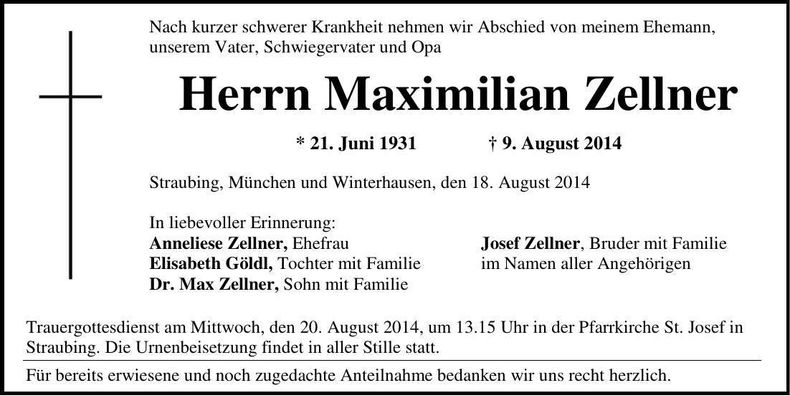 Traueranzeige Maximilian Zellner