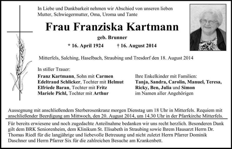 Traueranzeige Franziska Kartmann