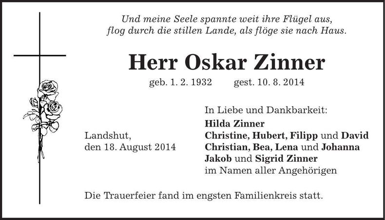 Traueranzeige Oskar Zinner