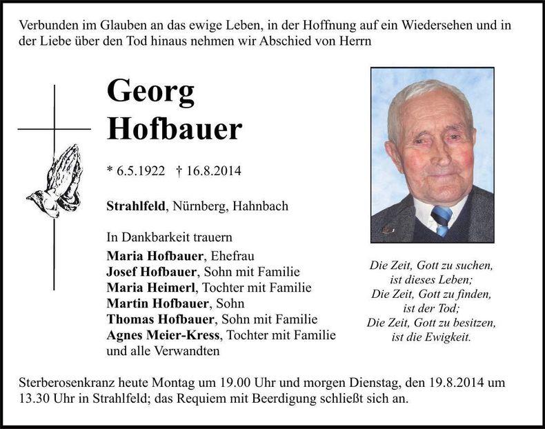 Traueranzeige Georg Hofbauer