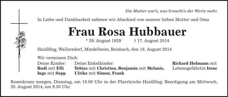 Traueranzeige Rosa Hubbauer