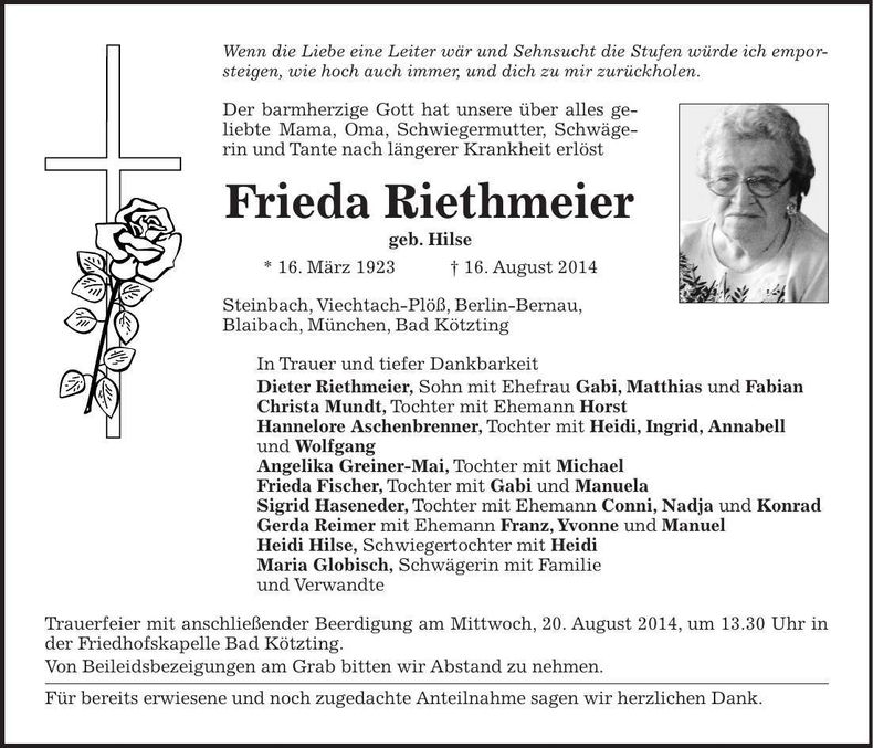 Traueranzeige Frieda Riethmeier
