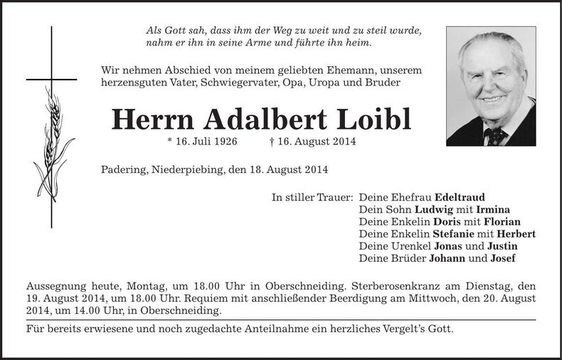 Traueranzeige Adalbert Loibl