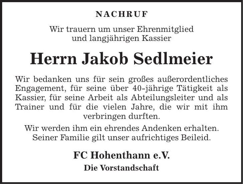 Traueranzeige Jakob Sedlmeier