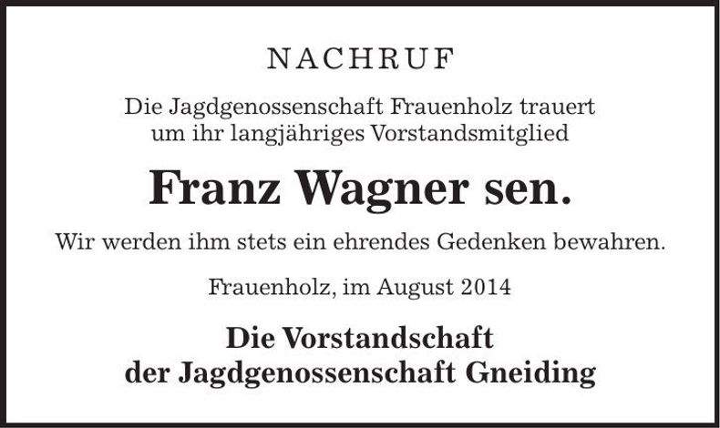 Traueranzeige Franz Wagner sen.