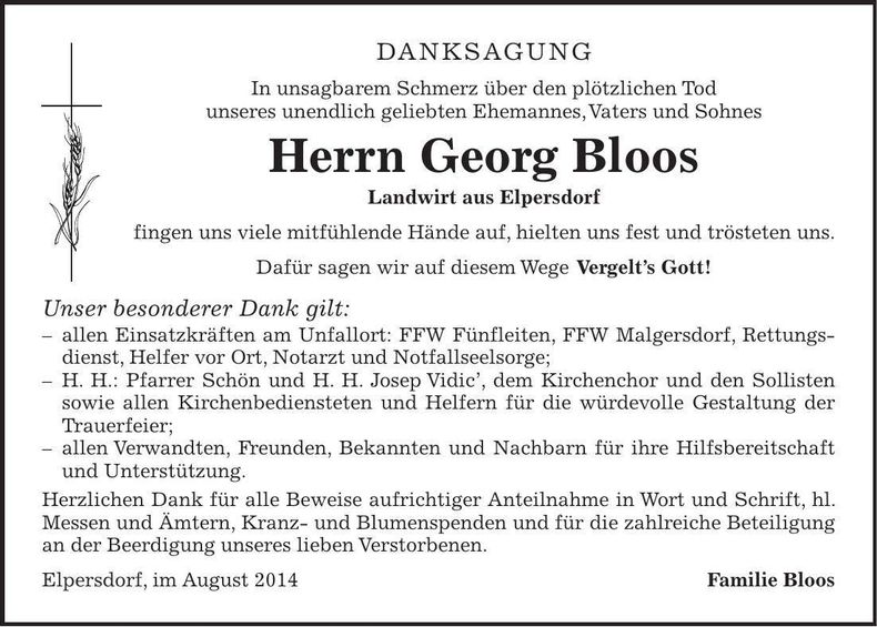 Traueranzeige Georg Bloos